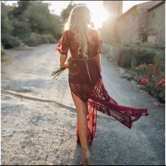 Stunning Red Deep V Neckline Lace Dress - Picture 3 of 7